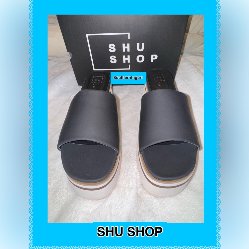 NWT SHUSHOP ”Jade” Faux leather Black/Ivory Color Block Platforms Sandals - Picture 6 of 15